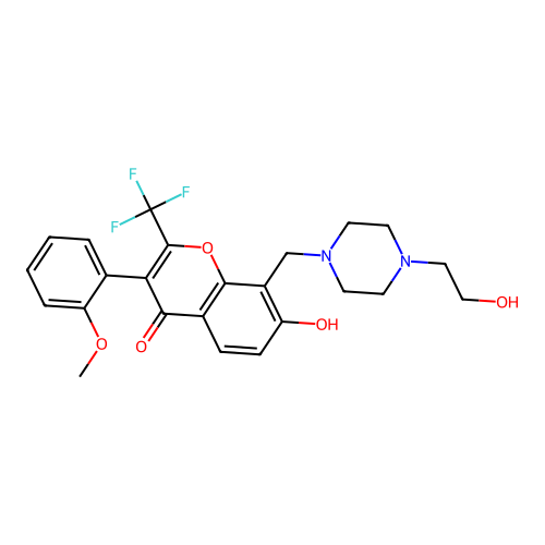 7-hydroxy-8-((4-(2-hydroxyethyl)piperazin-1-yl)methyl)-3-(2-methoxyphenyl)-2-(trifluoromethyl)-4H-chromen-4-one structure