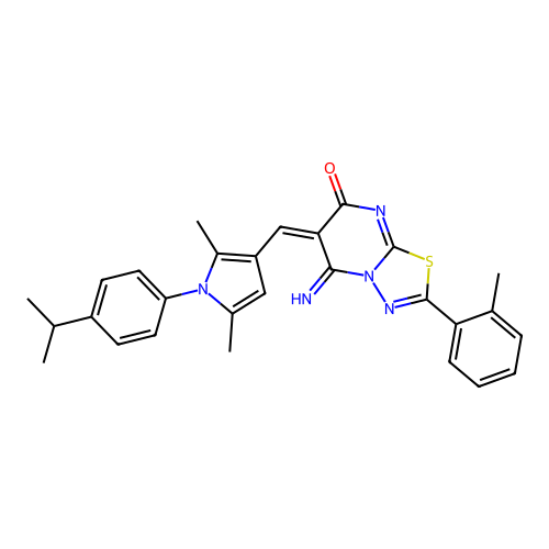(6E)-6-[[2,5-dimethyl-1-(4-propan-2-ylphenyl)pyrrol-3-yl]methylidene]-5-imino-2-(2-methylphenyl)-[1,3,4]thiadiazolo[3,2-a]pyrimidin-7-one structure