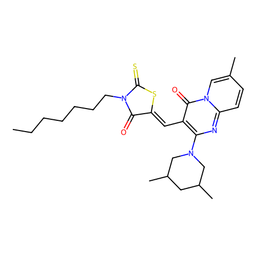 2-(3,5-dimethylpiperidin-1-yl)-3-[(Z)-(3-heptyl-4-oxo-2-thioxo-1,3-thiazolidin-5-ylidene)methyl]-7-methyl-4H-pyrido[1,2-a]pyrimidin-4-one structure