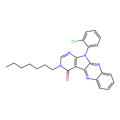 11-(2-chlorophenyl)-3-heptyl-3H-pyrimido[5',4':4,5]pyrrolo[2,3-b]quinoxalin-4(11H)-one structure