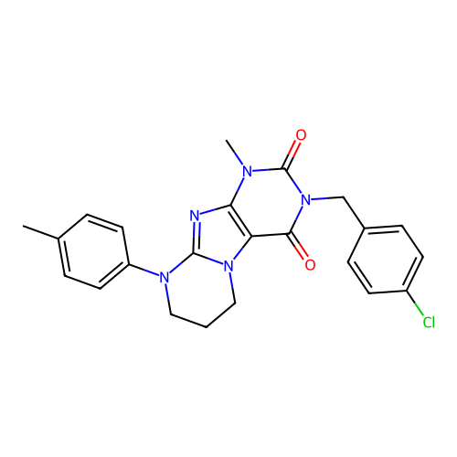 3-(4-chlorobenzyl)-1-methyl-9-(4-methylphenyl)-6,7,8,9-tetrahydropyrimido[2,1-f]purine-2,4(1H,3H)-dione structure