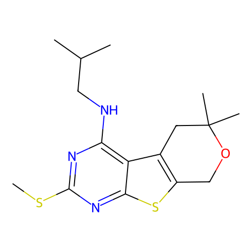 6,6-dimethyl-N-(2-methylpropyl)-2-(methylsulfanyl)-5,8-dihydro-6H-pyrano[4',3':4,5]thieno[2,3-d]pyrimidin-4-amine structure