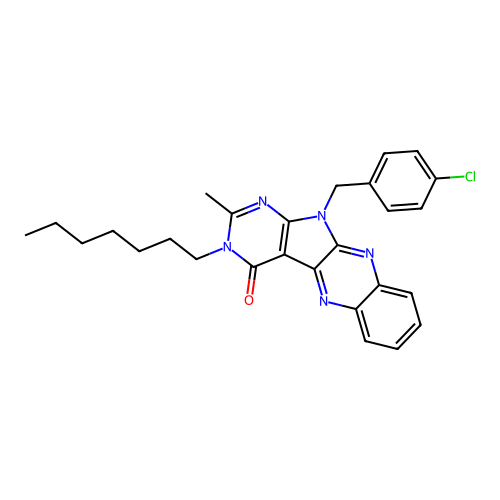 11-(4-chlorobenzyl)-3-heptyl-2-methyl-3,11-dihydro-4H-pyrimido[5',4':4,5]pyrrolo[2,3-b]quinoxalin-4-one structure
