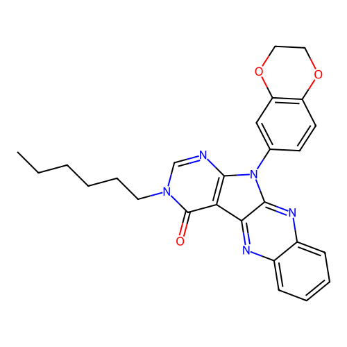 11-(2,3-dihydro-1,4-benzodioxin-6-yl)-3-hexyl-3,11-dihydro-4H-pyrimido[5',4':4,5]pyrrolo[2,3-b]quinoxalin-4-one structure