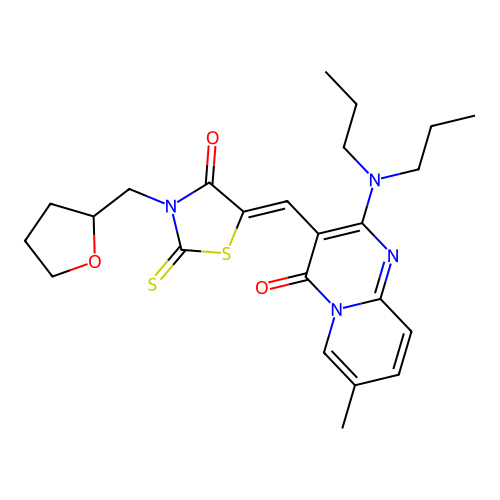 2-(dipropylamino)-7-methyl-3-{(Z)-[4-oxo-3-(tetrahydrofuran-2-ylmethyl)-2-thioxo-1,3-thiazolidin-5-ylidene]methyl}-4H-pyrido[1,2-a]pyrimidin-4-one structure