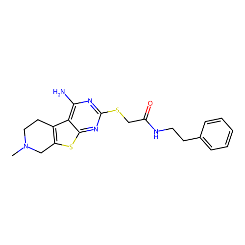 2-((4-amino-7-methyl-5,6,7,8-tetrahydropyrido[4',3':4,5]thieno[2,3-d]pyrimidin-2-yl)thio)-N-phenethylacetamide structure