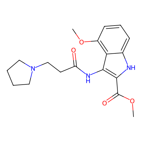 methyl 4-methoxy-3-{[3-(pyrrolidin-1-yl)propanoyl]amino}-1H-indole-2-carboxylate structure