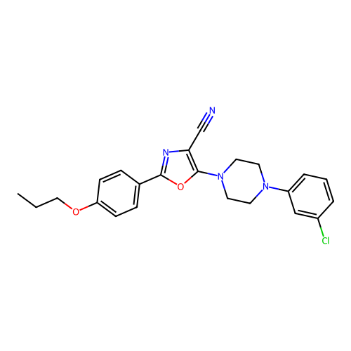 5-[4-(3-chlorophenyl)piperazin-1-yl]-2-(4-propoxyphenyl)-1,3-oxazole-4-carbonitrile structure