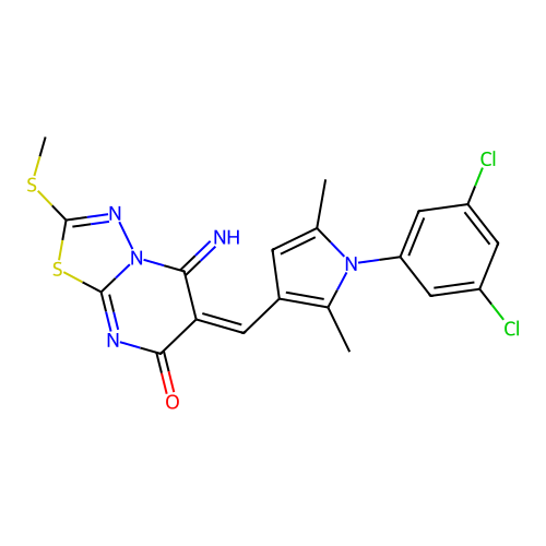 (6E)-6-[[1-(3,5-dichlorophenyl)-2,5-dimethylpyrrol-3-yl]methylidene]-5-imino-2-methylsulfanyl-[1,3,4]thiadiazolo[3,2-a]pyrimidin-7-one structure