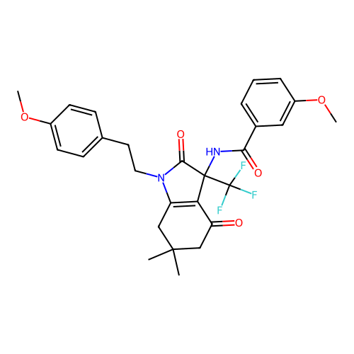 3-methoxy-N-(1-(4-methoxyphenethyl)-6,6-dimethyl-2,4-dioxo-3-(trifluoromethyl)-2,3,4,5,6,7-hexahydro-1H-indol-3-yl)benzamide structure