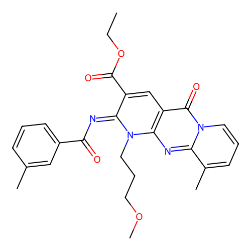 (Z)-ethyl 1-(3-methoxypropyl)-10-methyl-2-((3-methylbenzoyl)imino)-5-oxo-2,5-dihydro-1H-dipyrido[1,2-a:2',3'-d]pyrimidine-3-carboxylate structure