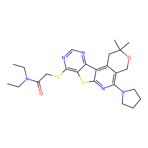 2-((2,2-dimethyl-5-(pyrrolidin-1-yl)-2,4-dihydro-1H-pyrano[4'',3'':4',5']pyrido[3',2':4,5]thieno[3,2-d]pyrimidin-8-yl)thio)-N,N-diethylacetamide structure