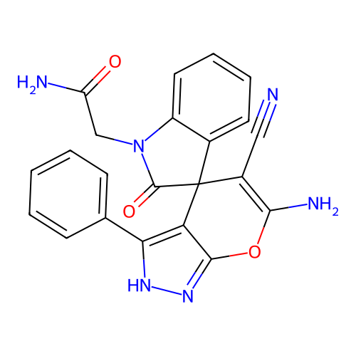 2-(6'-amino-5'-cyano-2-oxo-3'-phenyl-1'H-spiro[indole-3,4'-pyrano[2,3-c]pyrazol]-1(2H)-yl)acetamide structure