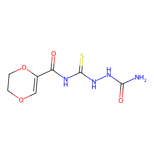 2-[(5,6-Dihydro-1,4-dioxin-2-ylcarbonyl)carbamothioyl]hydrazinecarboxamide structure