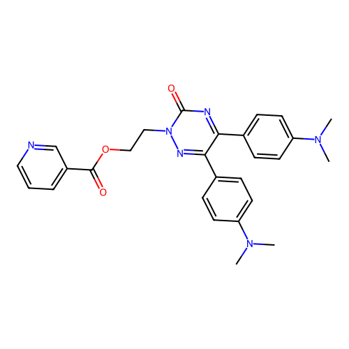 3-Pyridinecarboxylic acid, 2-(5,6-bis(4-(dimethylamino)phenyl)-3-oxo-1,2,4-triazin-2(3H)-yl)ethyl ester structure