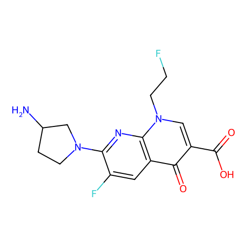 1,8-Naphthyridine-3-carboxylic acid, 1,4-dihydro-7-(3-amino-1-pyrrolidinyl)-7-fluoro-1-(2-fluoroethyl)-4-oxo- structure