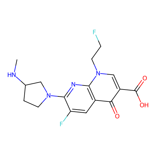 1,8-Naphthyridine-3-carboxylic acid, 1,4-dihydro-6-fluoro-1-(2-fluoroethyl)-7-(3-(methylamino)-1-pyrrolidinyl)-4-oxo- structure
