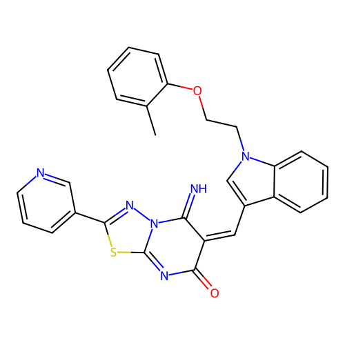 (E)-5-imino-2-(pyridin-3-yl)-6-((1-(2-(o-tolyloxy)ethyl)-1H-indol-3-yl)methylene)-5H-[1,3,4]thiadiazolo[3,2-a]pyrimidin-7(6H)-one structure