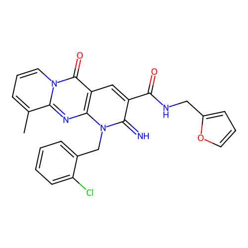 7-[(2-chlorophenyl)methyl]-N-[(furan-2-yl)methyl]-6-imino-11-methyl-2-oxo-1,7,9-triazatricyclo[8.4.0.0^{3,8}]tetradeca-3(8),4,9,11,13-pentaene-5-carboxamide structure