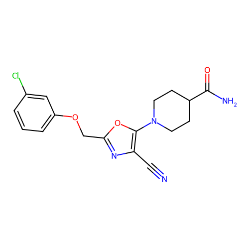 1-{2-[(3-Chlorophenoxy)methyl]-4-cyano-1,3-oxazol-5-yl}piperidine-4-carboxamide structure