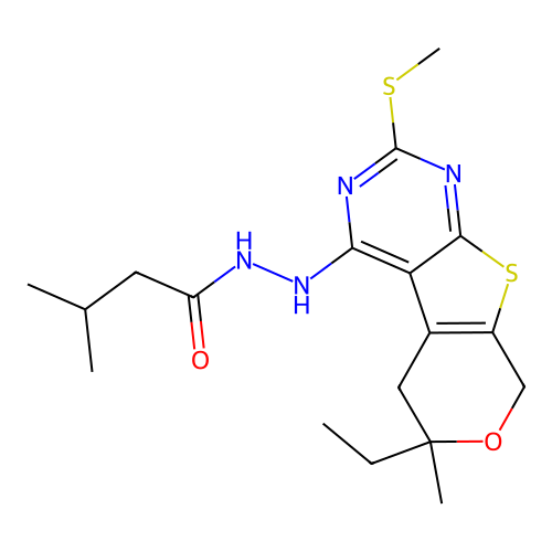 N'-(6-ethyl-6-methyl-2-(methylthio)-6,8-dihydro-5H-pyrano[4',3':4,5]thieno[2,3-d]pyrimidin-4-yl)-3-methylbutanehydrazide structure