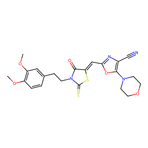 (Z)-2-((3-(3,4-dimethoxyphenethyl)-4-oxo-2-thioxothiazolidin-5-ylidene)methyl)-5-morpholinooxazole-4-carbonitrile structure