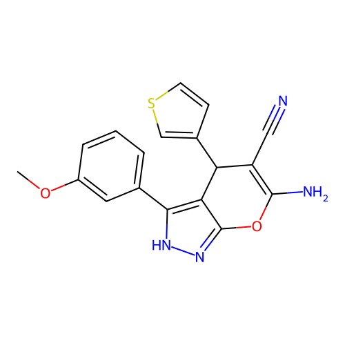 6-amino-3-(3-methoxyphenyl)-4-(3-thiophenyl)-2,4-dihydropyrano[2,3-c]pyrazole-5-carbonitrile structure