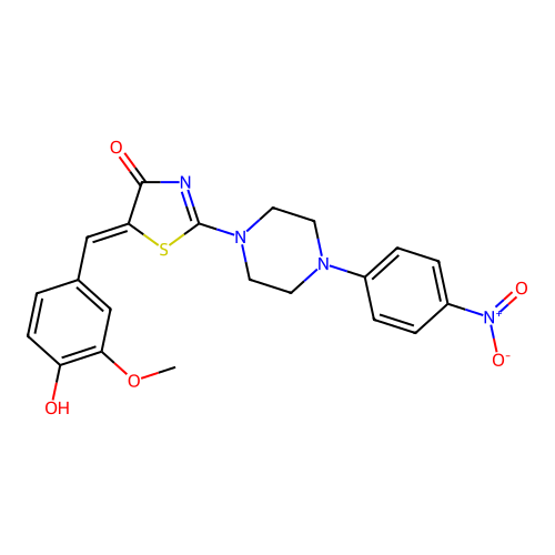 (Z)-5-(4-hydroxy-3-methoxybenzylidene)-2-(4-(4-nitrophenyl)piperazin-1-yl)thiazol-4(5H)-one structure