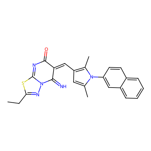 (6E)-6-[(2,5-dimethyl-1-naphthalen-2-ylpyrrol-3-yl)methylidene]-2-ethyl-5-imino-[1,3,4]thiadiazolo[3,2-a]pyrimidin-7-one structure