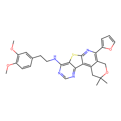 N-(3,4-dimethoxyphenethyl)-5-(furan-2-yl)-2,2-dimethyl-2,4-dihydro-1H-pyrano[4'',3'':4',5']pyrido[3',2':4,5]thieno[3,2-d]pyrimidin-8-amine structure