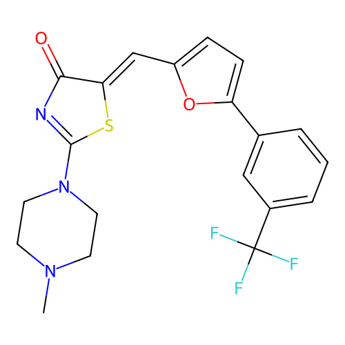 (5Z)-2-(4-methylpiperazin-1-yl)-5-({5-[3-(trifluoromethyl)phenyl]furan-2-yl}methylidene)-1,3-thiazol-4(5H)-one structure