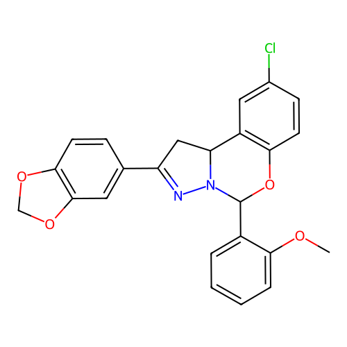 2-(1,3-benzodioxol-5-yl)-9-chloro-5-(2-methoxyphenyl)-1,10b-dihydropyrazolo[1,5-c][1,3]benzoxazine structure