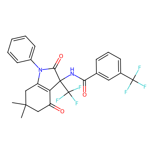 N-(6,6-dimethyl-2,4-dioxo-1-phenyl-3-(trifluoromethyl)-2,3,4,5,6,7-hexahydro-1H-indol-3-yl)-3-(trifluoromethyl)benzamide structure
