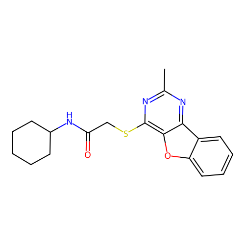 N-cyclohexyl-2-[(2-methyl[1]benzofuro[3,2-d]pyrimidin-4-yl)sulfanyl]acetamide structure