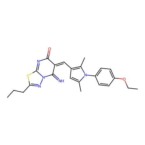 (E)-6-((1-(4-ethoxyphenyl)-2,5-dimethyl-1H-pyrrol-3-yl)methylene)-5-imino-2-propyl-5H-[1,3,4]thiadiazolo[3,2-a]pyrimidin-7(6H)-one structure