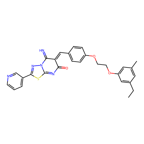 (6Z)-6-[[4-[2-(3-ethyl-5-methylphenoxy)ethoxy]phenyl]methylidene]-5-imino-2-pyridin-3-yl-[1,3,4]thiadiazolo[3,2-a]pyrimidin-7-one structure
