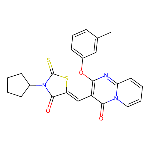 3-[(Z)-(3-cyclopentyl-4-oxo-2-thioxo-1,3-thiazolidin-5-ylidene)methyl]-2-(3-methylphenoxy)-4H-pyrido[1,2-a]pyrimidin-4-one structure