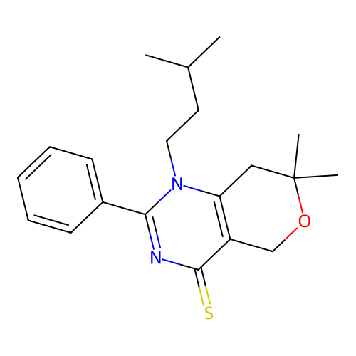 1-isopentyl-7,7-dimethyl-2-phenyl-7,8-dihydro-1H-pyrano[4,3-d]pyrimidine-4(5H)-thione structure