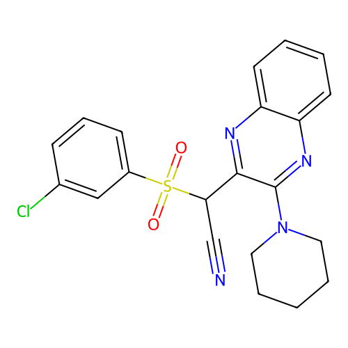 2-((3-Chlorophenyl)sulfonyl)-2-(3-(piperidin-1-yl)quinoxalin-2-yl)acetonitrile structure