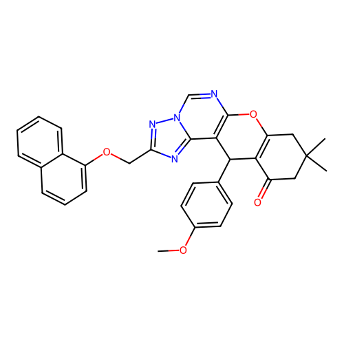 12-(4-methoxyphenyl)-9,9-dimethyl-2-[(naphthalen-1-yloxy)methyl]-8,9,10,12-tetrahydro-11H-chromeno[3,2-e][1,2,4]triazolo[1,5-c]pyrimidin-11-one structure