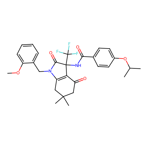 4-isopropoxy-N-(1-(2-methoxybenzyl)-6,6-dimethyl-2,4-dioxo-3-(trifluoromethyl)-2,3,4,5,6,7-hexahydro-1H-indol-3-yl)benzamide structure