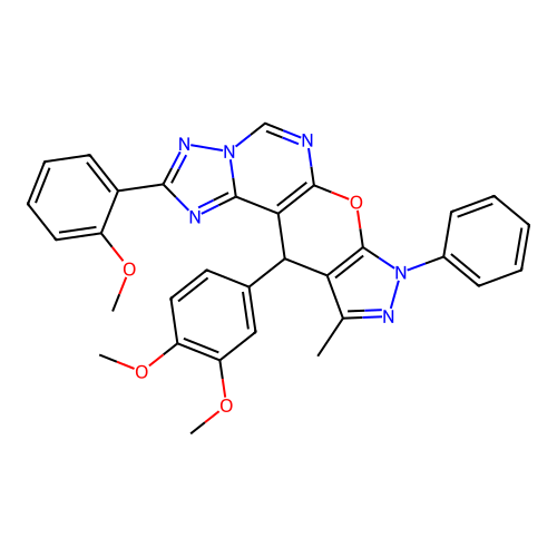 11-(3,4-dimethoxyphenyl)-2-(2-methoxyphenyl)-10-methyl-8-phenyl-8,11-dihydropyrazolo[4',3':5,6]pyrano[3,2-e][1,2,4]triazolo[1,5-c]pyrimidine structure