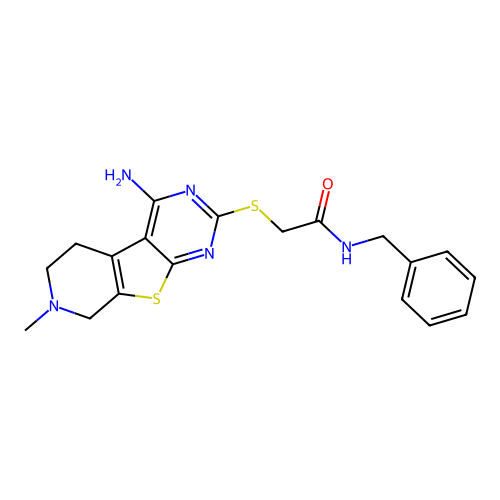 2-[(4-amino-7-methyl-5,6,7,8-tetrahydropyrido[4',3':4,5]thieno[2,3-d]pyrimidin-2-yl)sulfanyl]-N-benzylacetamide structure