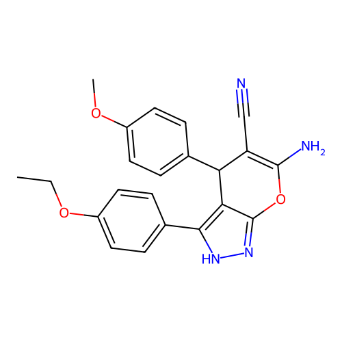6-amino-3-(4-ethoxyphenyl)-4-(4-methoxyphenyl)-1,4-dihydropyrano[2,3-c]pyrazole-5-carbonitrile structure