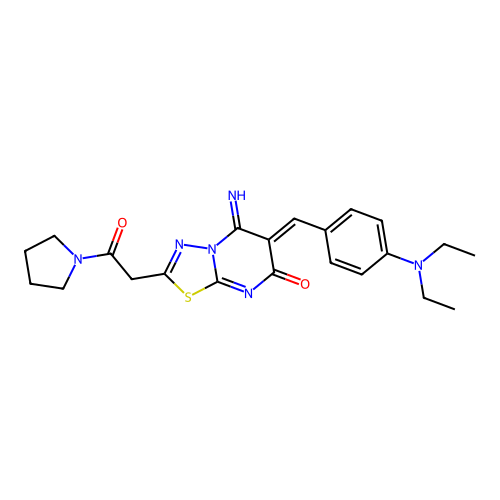 (6Z)-6-[[4-(diethylamino)phenyl]methylidene]-5-imino-2-(2-oxo-2-pyrrolidin-1-ylethyl)-[1,3,4]thiadiazolo[3,2-a]pyrimidin-7-one structure