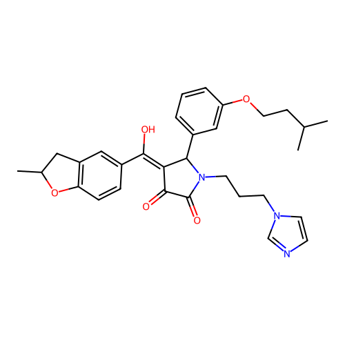 (4E)-4-[hydroxy-(2-methyl-2,3-dihydro-1-benzofuran-5-yl)methylidene]-1-(3-imidazol-1-ylpropyl)-5-[3-(3-methylbutoxy)phenyl]pyrrolidine-2,3-dione structure
