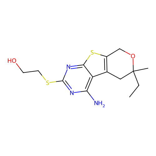 2-((4-amino-6-ethyl-6-methyl-6,8-dihydro-5H-pyrano[4',3':4,5]thieno[2,3-d]pyrimidin-2-yl)thio)ethanol structure