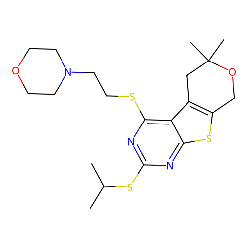 2-(isopropylthio)-6,6-dimethyl-4-((2-morpholinoethyl)thio)-6,8-dihydro-5H-pyrano[4',3':4,5]thieno[2,3-d]pyrimidine structure