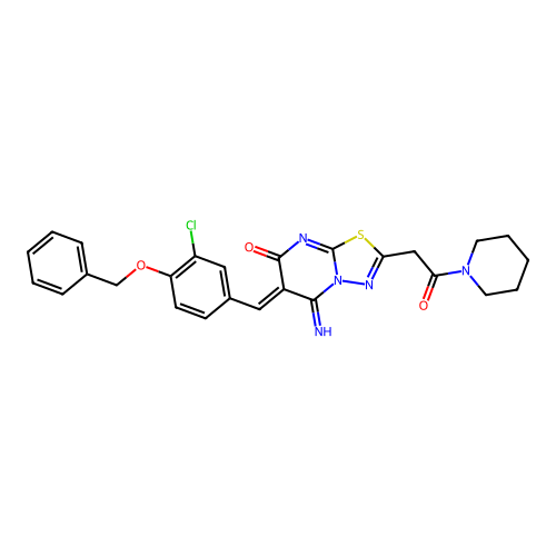 (6Z)-6-[(3-chloro-4-phenylmethoxyphenyl)methylidene]-5-imino-2-(2-oxo-2-piperidin-1-ylethyl)-[1,3,4]thiadiazolo[3,2-a]pyrimidin-7-one structure