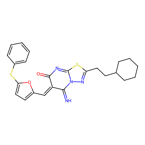 (Z)-2-(2-cyclohexylethyl)-5-imino-6-((5-(phenylthio)furan-2-yl)methylene)-5H-[1,3,4]thiadiazolo[3,2-a]pyrimidin-7(6H)-one structure